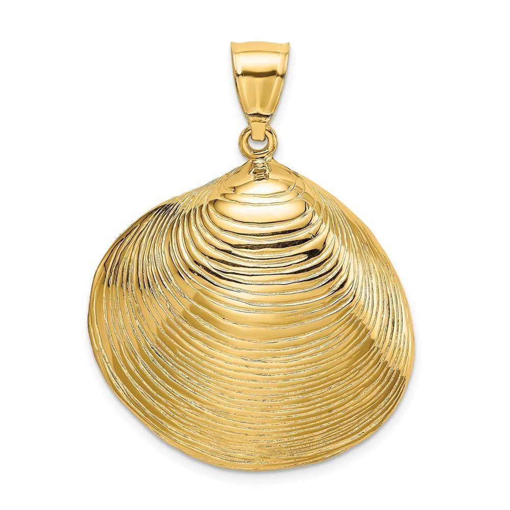 14k Yellow Gold Sea Life Large Textured Clam Shell Necklace Charm Pendant